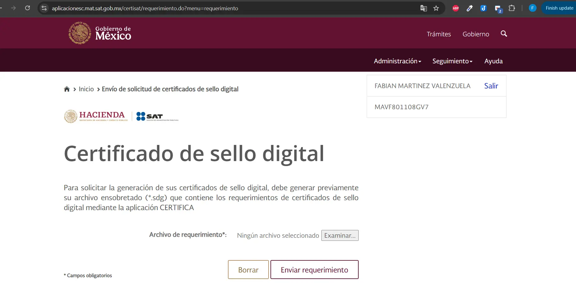Pantalla de envío del archivo .sdg en CertiSAT Web