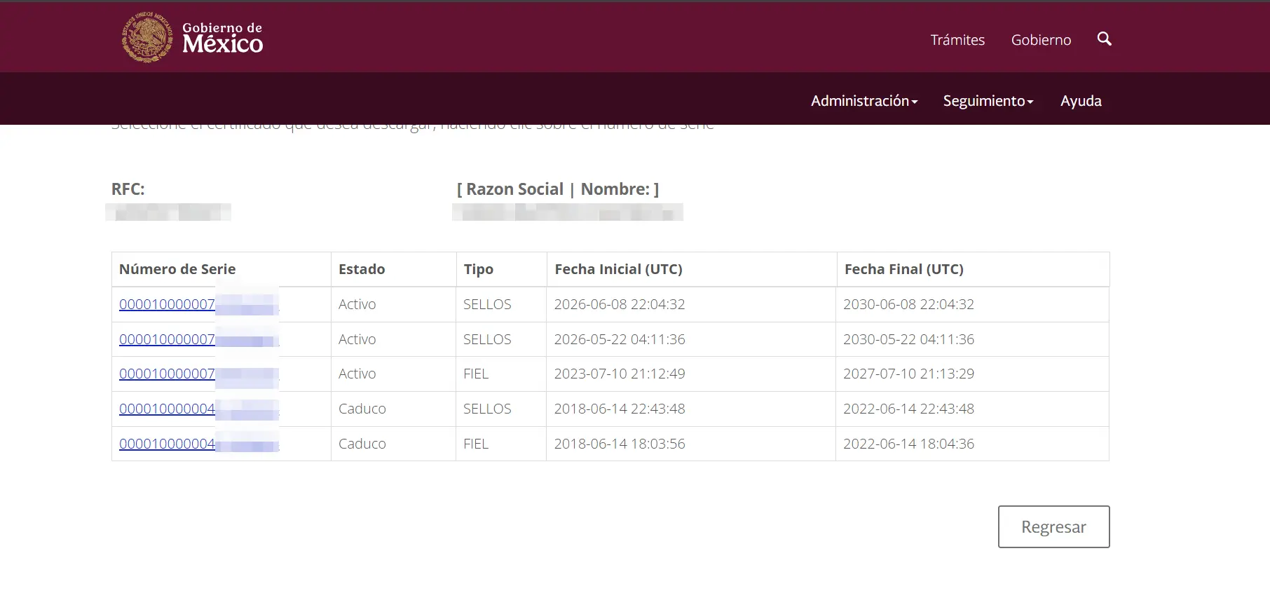 Pantalla de Recuperación de Certificados en CertiSAT Web — descarga del .cer