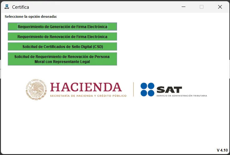 Menú principal de Certifica — opción Solicitud de certificados