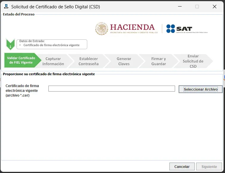 Pantalla Validar Certificado Digital — selección del archivo .cer de la e.firma