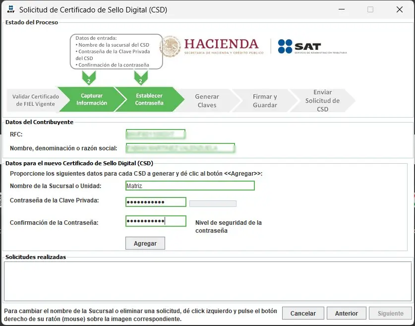 Pantalla de captura de información del CSD: nombre de sucursal y contraseña