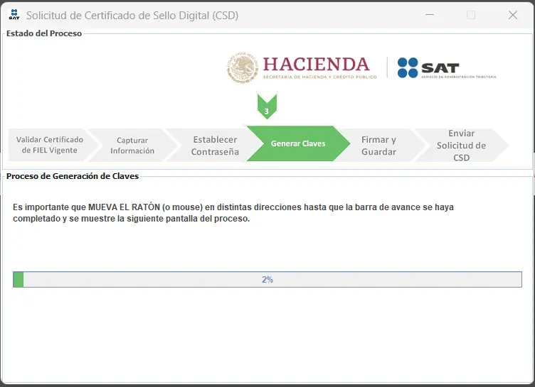 Pantalla de generación de entropía — mover el ratón hasta 100%