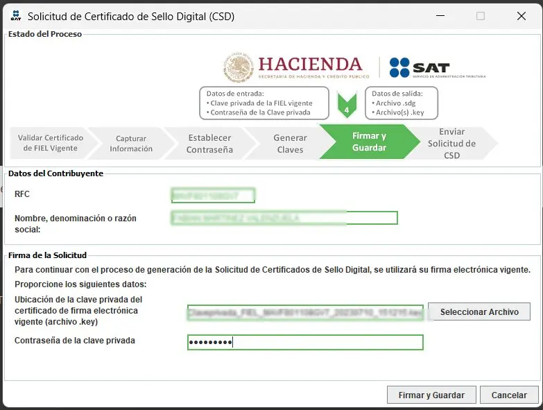 Pantalla Firmar y Guardar — selección del .key de la e.firma y captura de contraseña