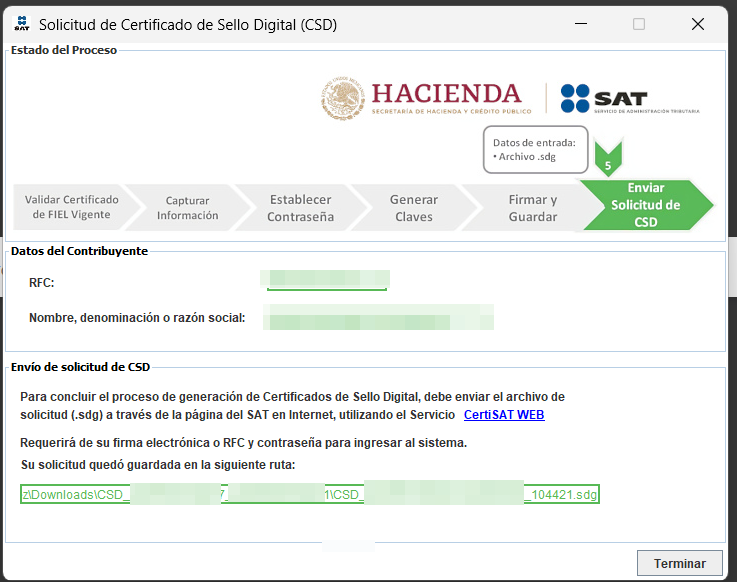 Pantalla resumen — instrucción de ingresar a CertiSAT Web para obtener el .cer