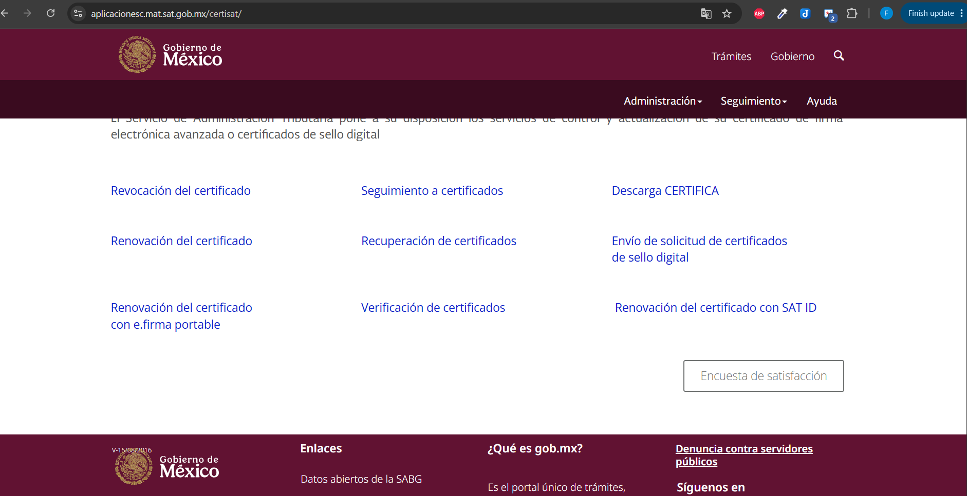 Menú principal de CertiSAT Web — seleccionar Envío de Solicitud de Certificados de Sello Digital